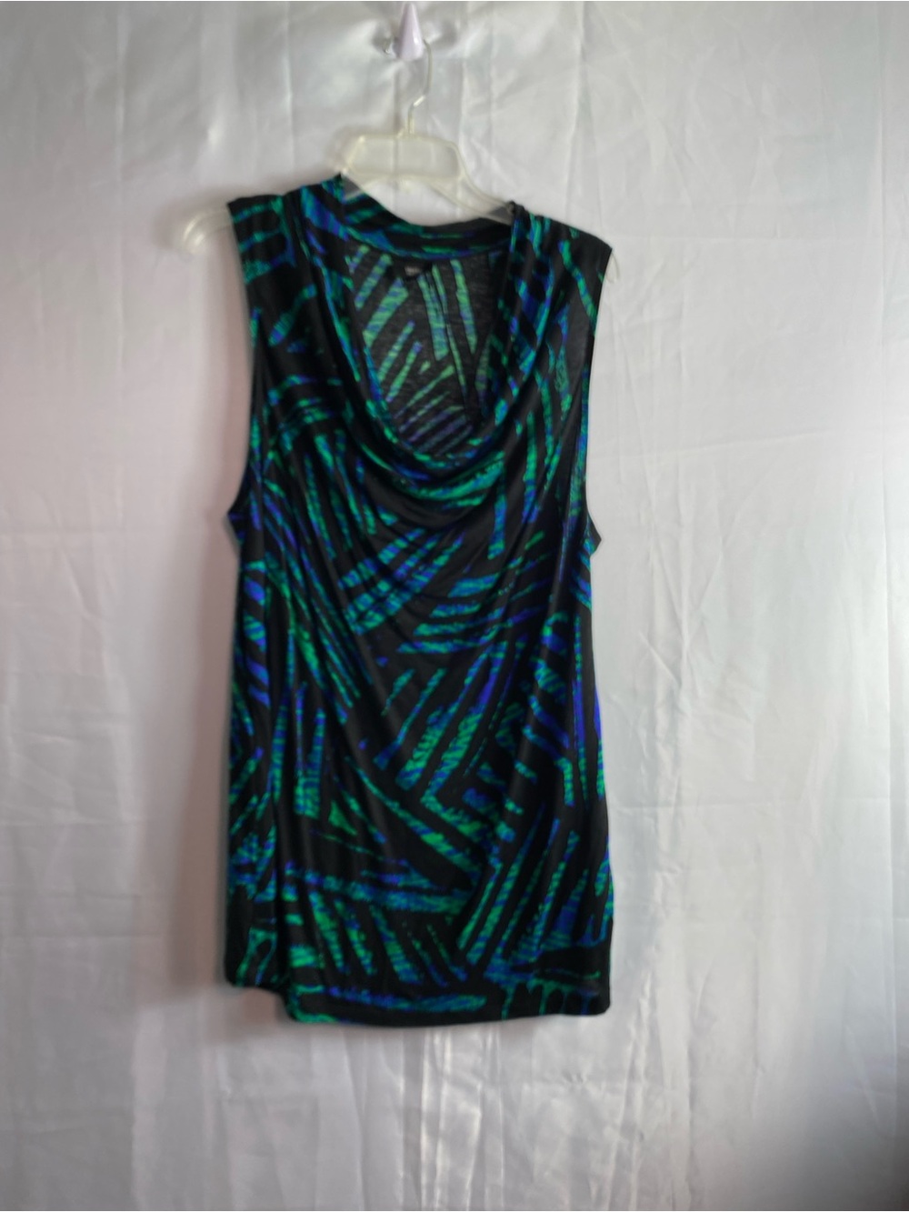 Draped Cowl Neck Tank Top in Black with Blue & Green Pattern